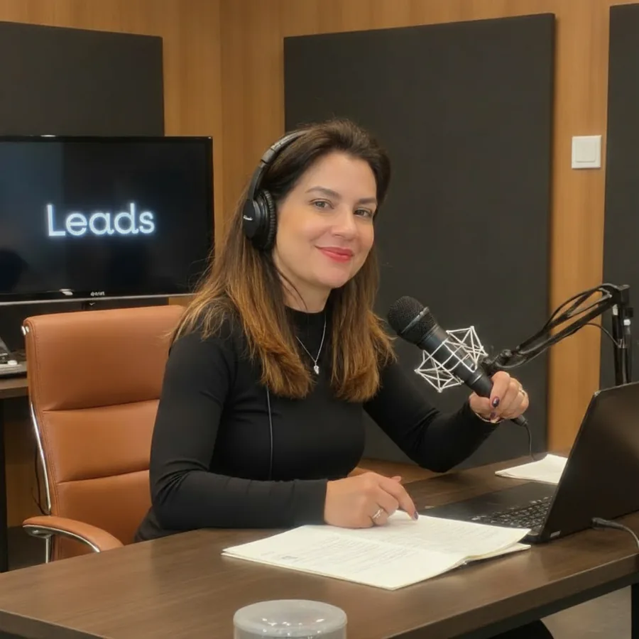 Sônia Gago gravando podcast sobre Leads